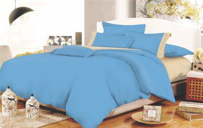 Σετ Σεντόνια ΚΟΜΒΟΣ Cotton Line Sky Blue - Beige Μονόχρωμα με Φάσα Υπέρδιπλα 220x240