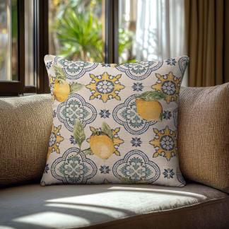 Beauty Home Μαξιλαροθήκη ΣΤΟΦΑ ΛΕΜΟΝΙΑ ΣΕ ΦΟΝΤΟ ΜΕ ΠΛΑΚΑΚΙΑ   45 x 45 cm