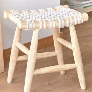 Ξύλινο Σκαμπό Macrame ΚΟΜΒΟΣ (45x32x45) Wood 60% - Cotton 40% Natural