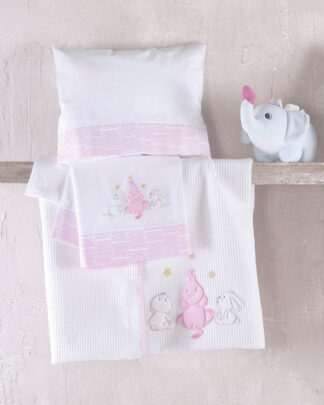 Σετ Σεντόνια Βρεφικά Φανέλα Elephant Friends Poz 3 τεμ. Με Kenthma 100×160 Ροζ