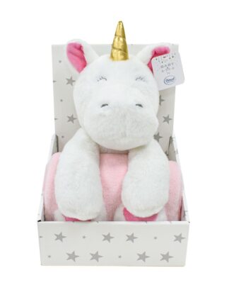 Λούτρινο Ζωάκι Σετ 2 τεμ. Bebe Unicorn 02 Ύψος 25 εκ. & Κουβέρτα Coral Fleece 75×90 Λευκό / Ροζ