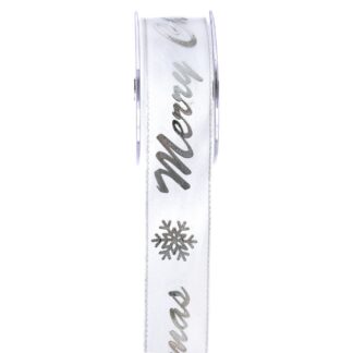 Κορδέλα Σατέν Ούγια Merry Xmas 3.8cm×9m Λευκό-Ασημί Κορδέλα Σατέν Ούγια Merry Xmas 3.8cm×9m Λευκό-Ασημί